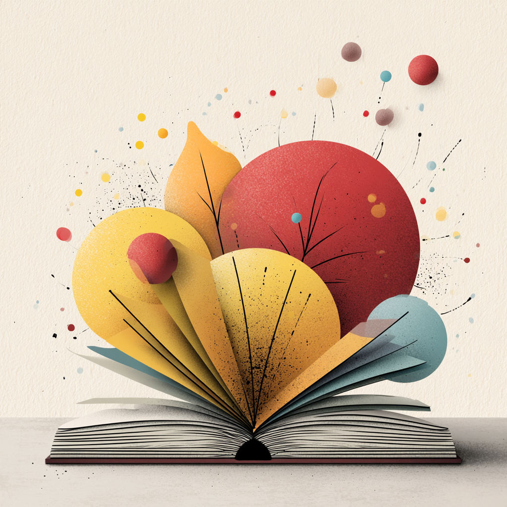 Illustration of an open book with colorful shapes and speckled spheres bursting from its pages